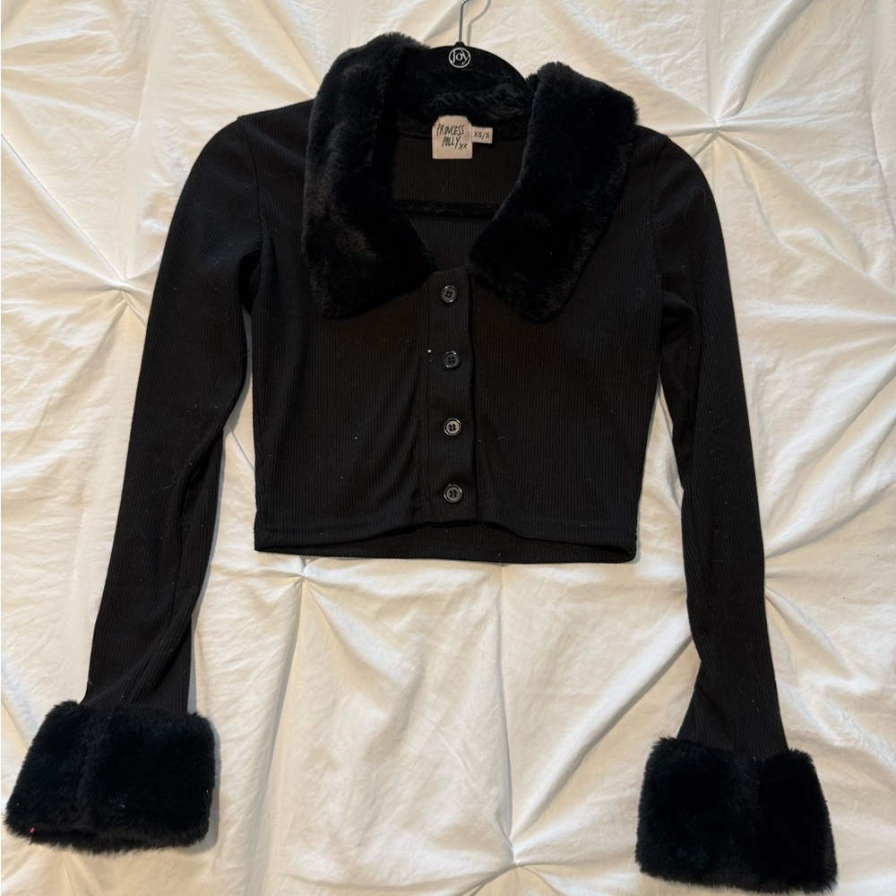 Black Faux Fur Trim Cardigan